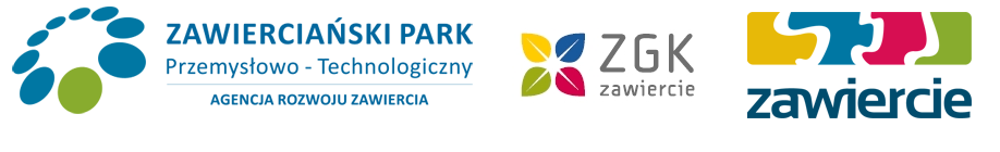 Zdjęcie przedstawia logo Zawierciańskiego Parku Przemysłowo - Technologicznego, Zakładu Gospodarki Komunalnej w Zawierciu i Gminy Zawiercie
